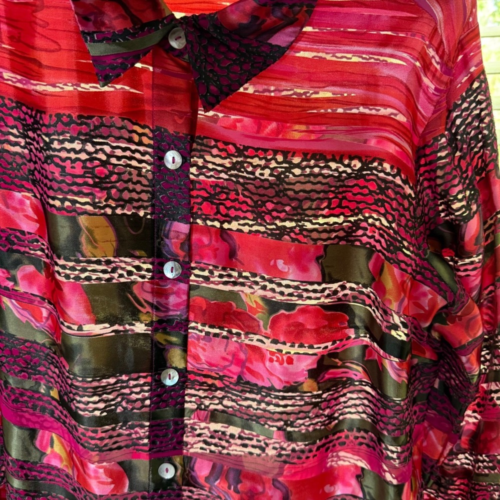Coldwater Creek Blouse Size 2X Floral Striped Silk Rayon Semi-Sheer Button Down - Picture 3 of 12